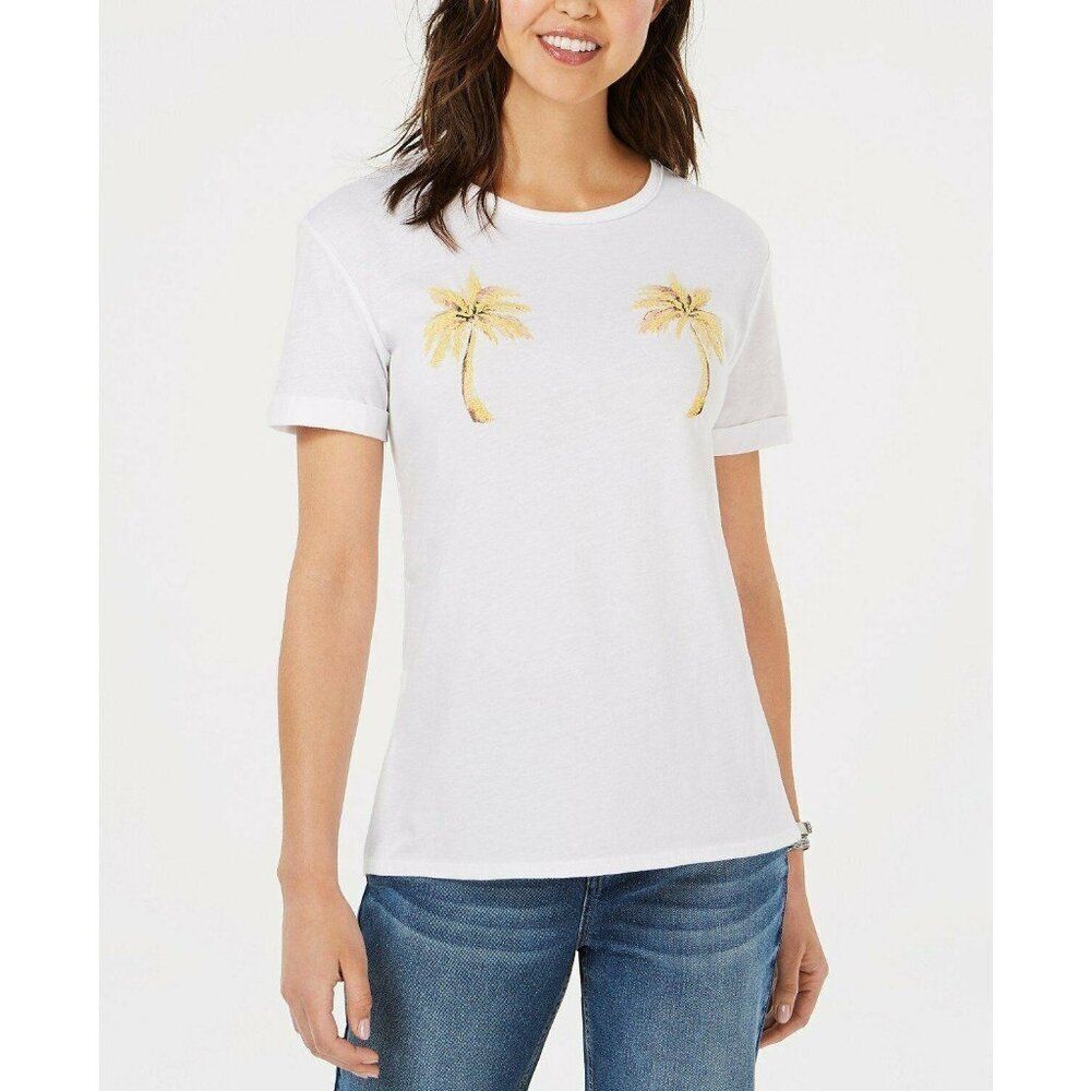CARBON COPY Embroidered Palm Tree White‎ Yellow Top Large NWT